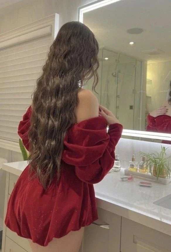 فستان صغير من المخمل الأحمر للبيت بدون أكتاف Y4184