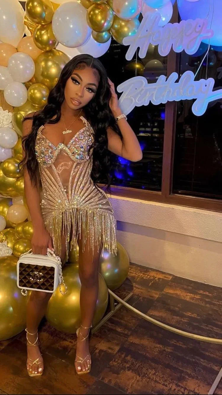 Vestido Brillante para Fiesta de 22º Cumpleaños Vestido Sexy para Baile de Regreso con Borlas Y2329