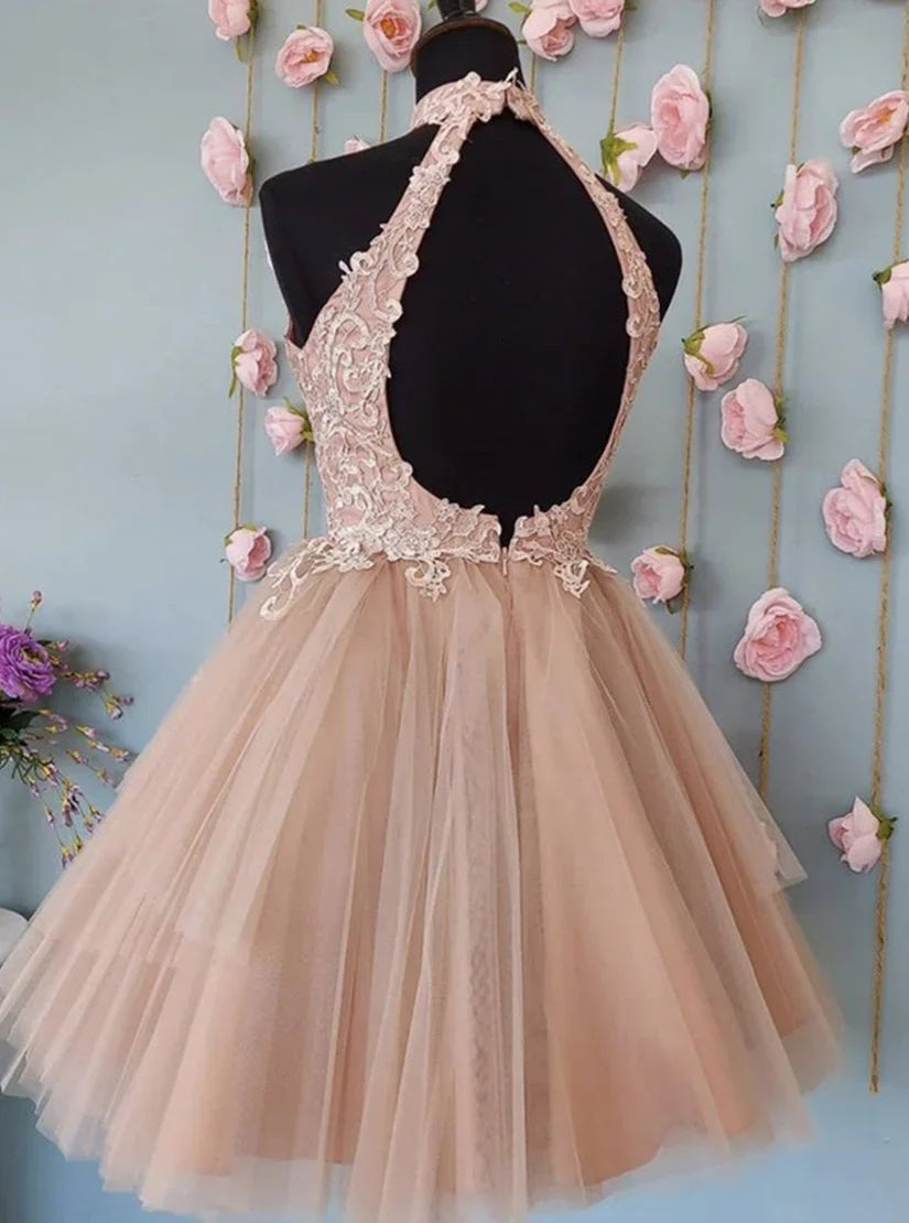 Vestidos de Baile de Finalistas / Vestidos de Gala Curtos Adoráveis com Tule, Renda e Costas Abertas