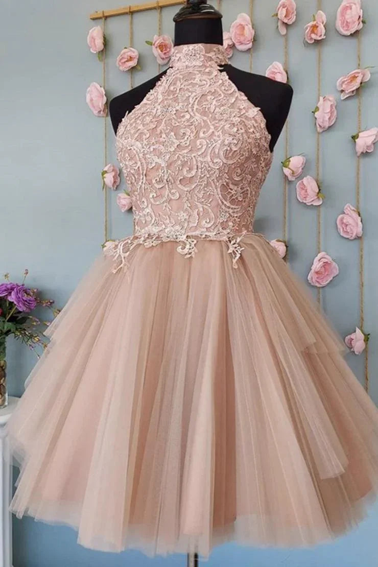 Vestidos de Baile de Finalistas / Vestidos de Gala Curtos Adoráveis com Tule, Renda e Costas Abertas