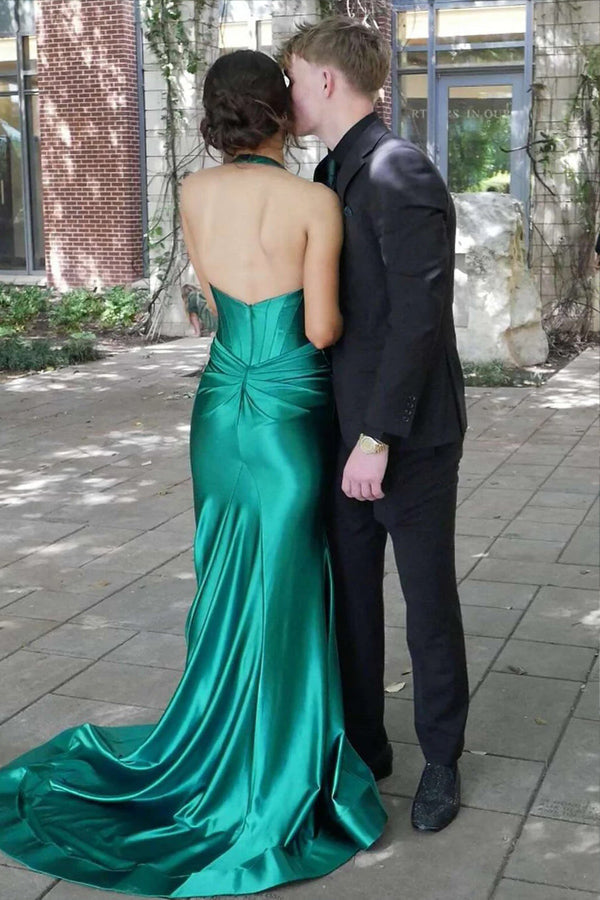 Halter V-Neck Mermaid Sleeveless Green Prom Dress with Train PSK630