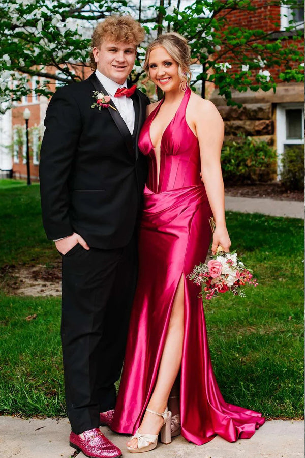 Halter V-Neck Mermaid Sleeveless Green Prom Dress with Train PSK630