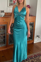 Halter Neck Pleated Satin Sleeveless Turquoise Long Prom Dress PSK638