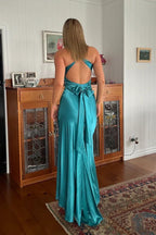 Halter Neck Pleated Satin Sleeveless Turquoise Long Prom Dress PSK638