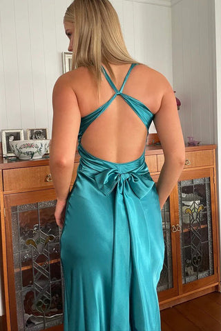 Neckholder-Ballkleid aus plissiertem Satin, ärmellos, türkis, langes Ballkleid PSK638