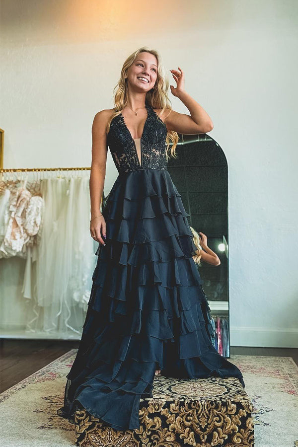 Halter Light Blue Lace Appliques Chiffon Ruffle Prom Dress PSK696