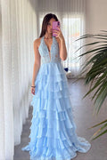 Neckholder Hellblau Spitzenapplikationen Chiffon Rüschen Ballkleid PSK696