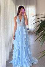 Halter Light Blue Lace Appliques Chiffon Ruffle Prom Dress PSK696