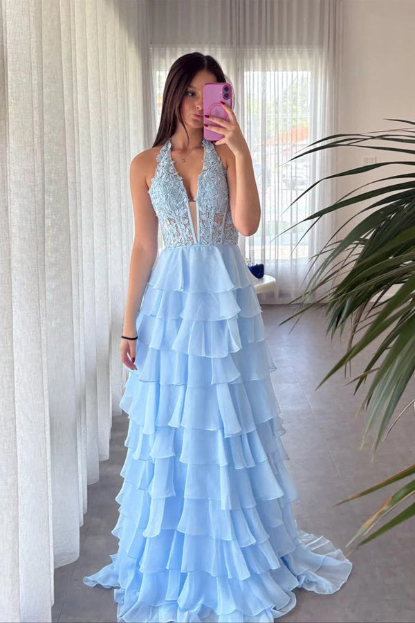 Halter Light Blue Lace Appliques Chiffon Ruffle Prom Dress PSK696