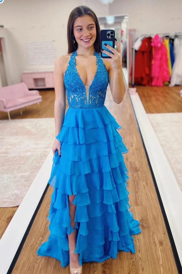 Halter Light Blue Lace Appliques Chiffon Ruffle Prom Dress PSK696