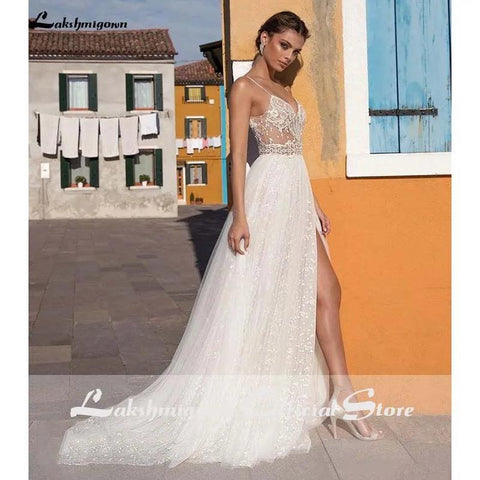 NumberSea Sexy Illusion Reise Brautkleid Strand Brautkleid mit Perlen Perlen Tüll Sweep Zug Arabische Robe de Mariee 