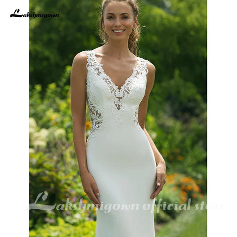 Meerjungfrau-Brautkleider aus weichem Satin für die Braut, gerades Kleid mit V-Ausschnitt und doppeltem Schlüsselloch auf der Rückseite, Brautkleider, Vestido de Noiva 