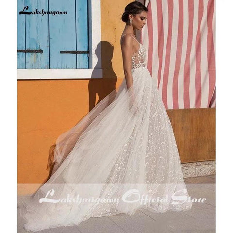 NumberSea Sexy Illusion Reise Brautkleid Strand Brautkleid mit Perlen Perlen Tüll Sweep Zug Arabische Robe de Mariee 