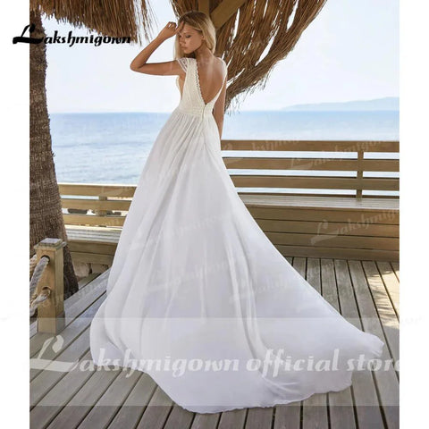 Vestido de noiva boémio simples, manga curta, decote em V, comprimento até ao chão, chiffon, corte A, charmoso para mulher 