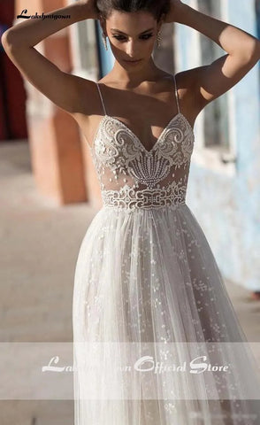 NumberSea Sexy Illusion Reise Brautkleid Strand Brautkleid mit Perlen Perlen Tüll Sweep Zug Arabische Robe de Mariee 