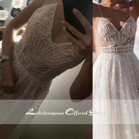 NumberSea Sexy Illusion Reise Brautkleid Strand Brautkleid mit Perlen Perlen Tüll Sweep Zug Arabische Robe de Mariee 