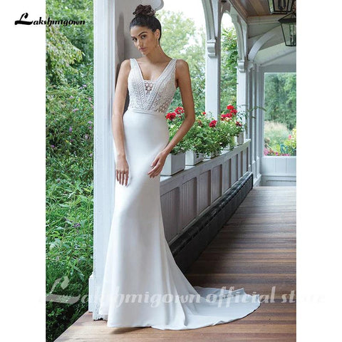 Sexy rückenfreies Brautkleid, figurbetontes und ausgestelltes Kreppkleid mit durchgehendem Spitzenmieder, Brautkleider, Robe Femme, NumberSea 