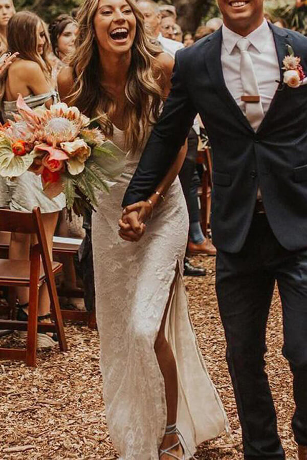 High Quality V-neck Spaghetti Straps Side Slit Lace Beach Wedding Dresses, MW247