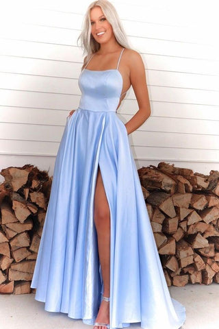 High Slit Spaghetti Straps Royal Blue Long Prom Dress PG750