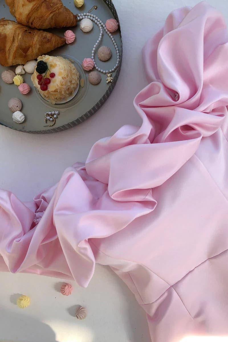 vestido curto de cetim rosa Off The Shoulder SYH2