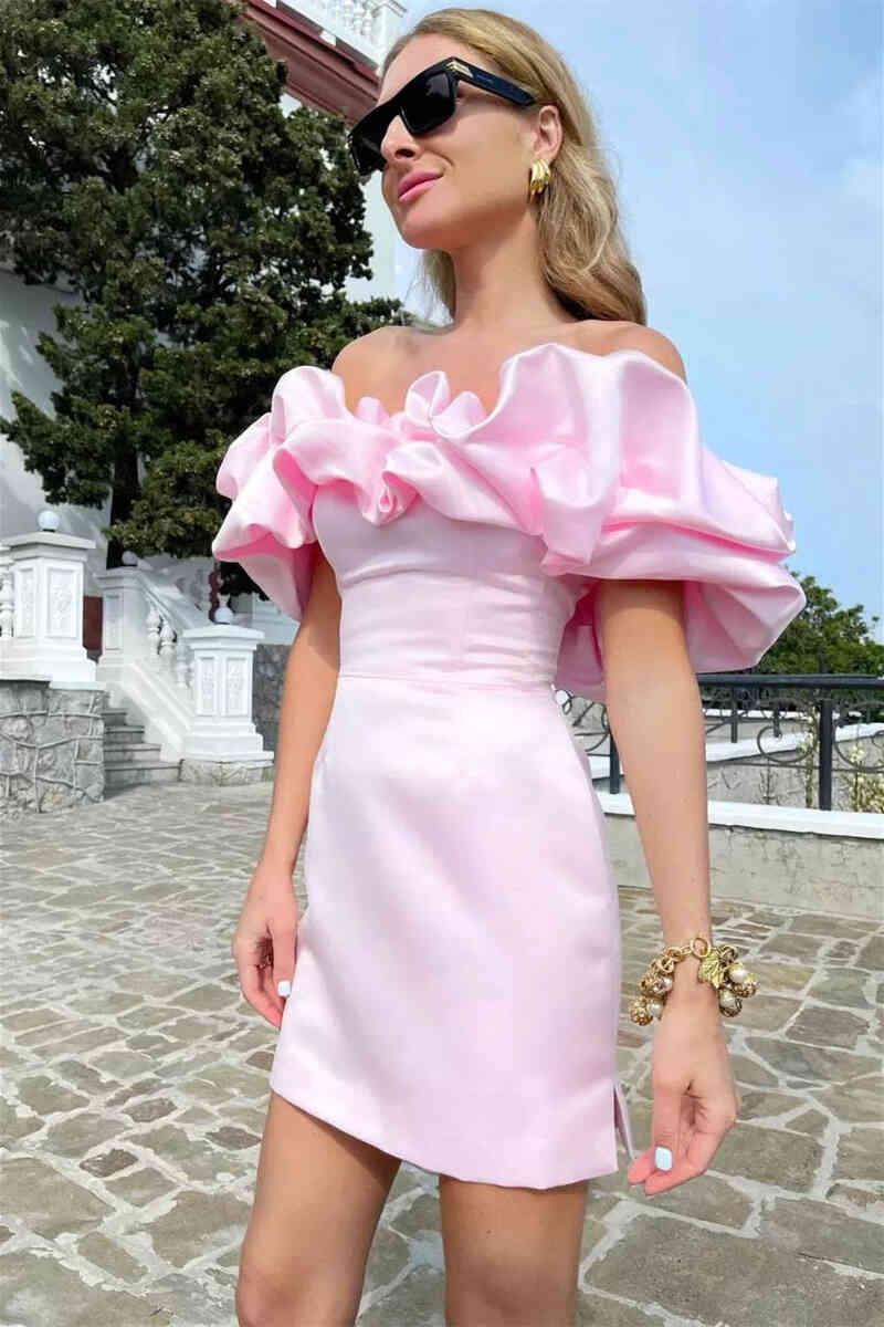 vestido curto de cetim rosa Off The Shoulder SYH2