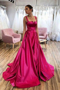 Abito da sera lungo in raso a linea A rosa shocking con strascico da cerimonia PSK275