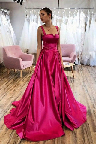 Hot Pink A-line Satin Long Prom Dress Court Train Evening Dress PSK275