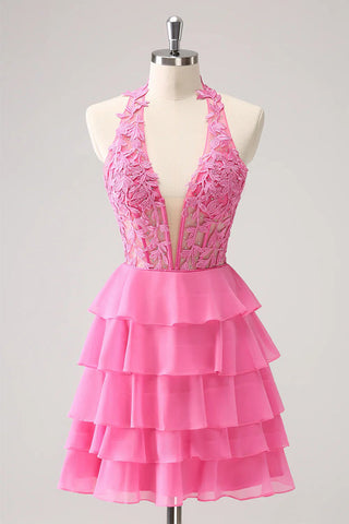 Hot Pink A-Linie Trägerloses Stufenkorsett Süßes Homecoming-Kleid PD551