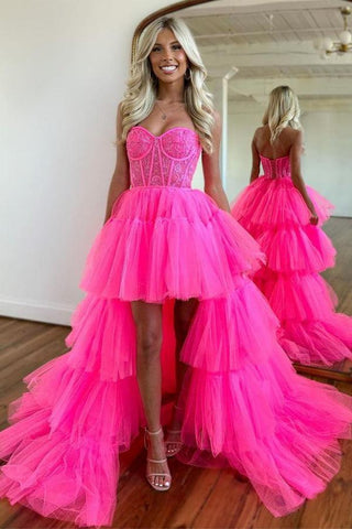 High Low Sweetheart Tiered Hot Pink Prom Dress Evening Dress PSK398