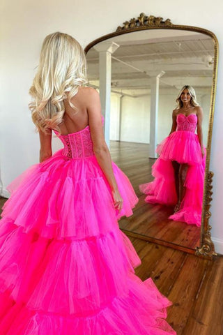 High Low Sweetheart Tiered Hot Pink Prom Dress Evening Dress PSK398