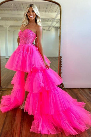 High Low Sweetheart Tiered Hot Pink Prom Dress Evening Dress PSK398