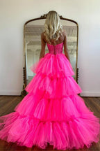 Vestido de festa comprido com decote em V e decote em V, estilo coração, em camadas, rosa choque, PSK398