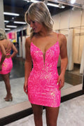 Hot Pink Schnürung Enges Glitzer Homecoming Kleid Kurzes Ballkleid PD523