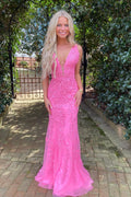 Vestido de festa sereia com decote em V profundo rosa choque e aplicações PSK457