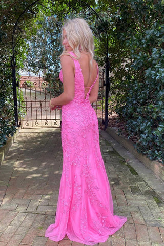 Mermaid Deep V-Neck Hot Pink Prom Dress With Appliques PSK457