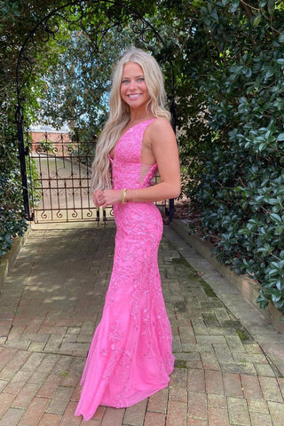 Mermaid Deep V-Neck Hot Pink Prom Dress With Appliques PSK457