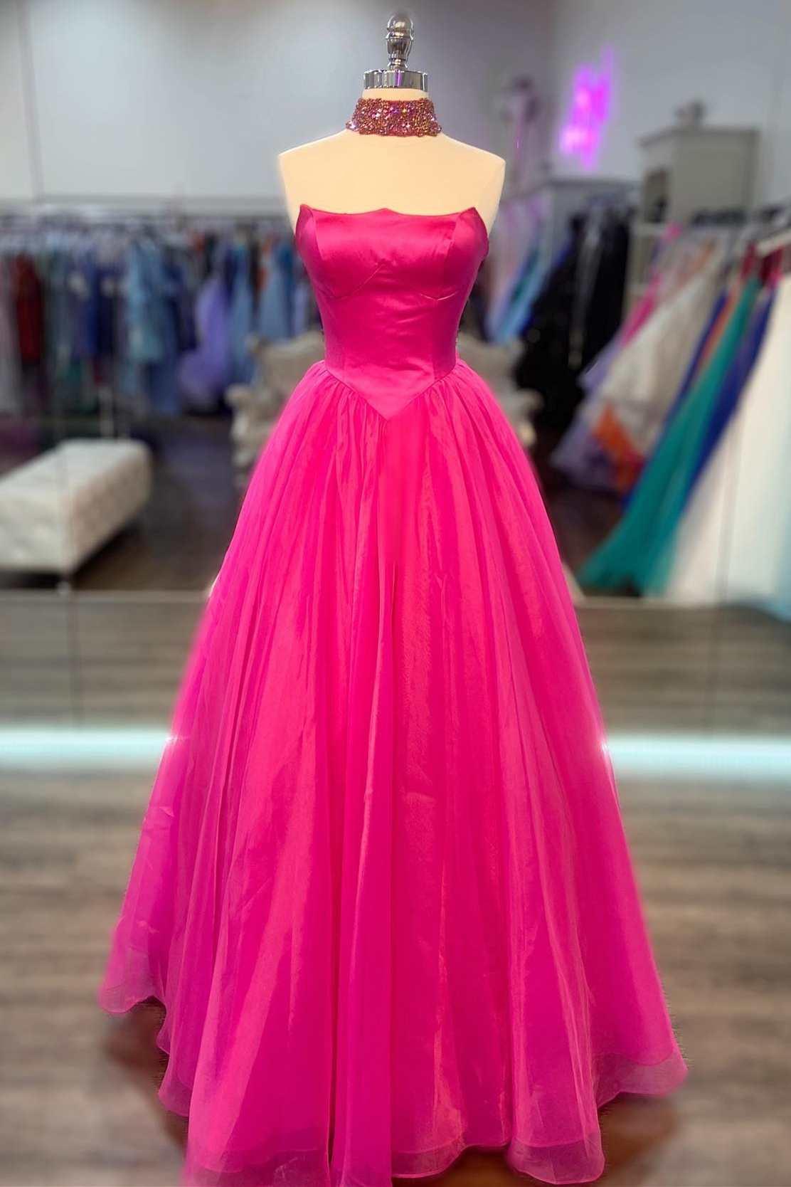 Hot Pink Strapless A-line Round Neck Tulle Prom Dress Formal Dress  PSK319