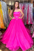 Hot Pink Trägerloses A-Linien-Ballkleid mit Rundhalsausschnitt und Tüll, formelles Kleid PSK319