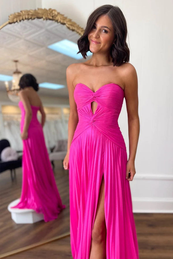 Strapless Keyhole Pleated A-Line Hot Pink Long Prom Dress PSK481