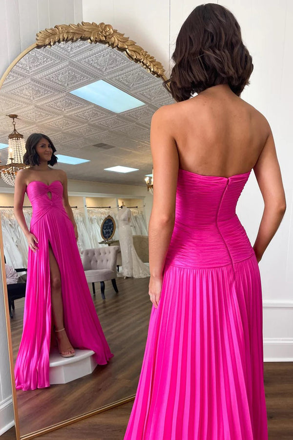 Strapless Keyhole Pleated A-Line Hot Pink Long Prom Dress PSK481