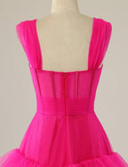 Vestidos de baile de tule com várias camadas e corte em forma de coração rosa choque PSK310