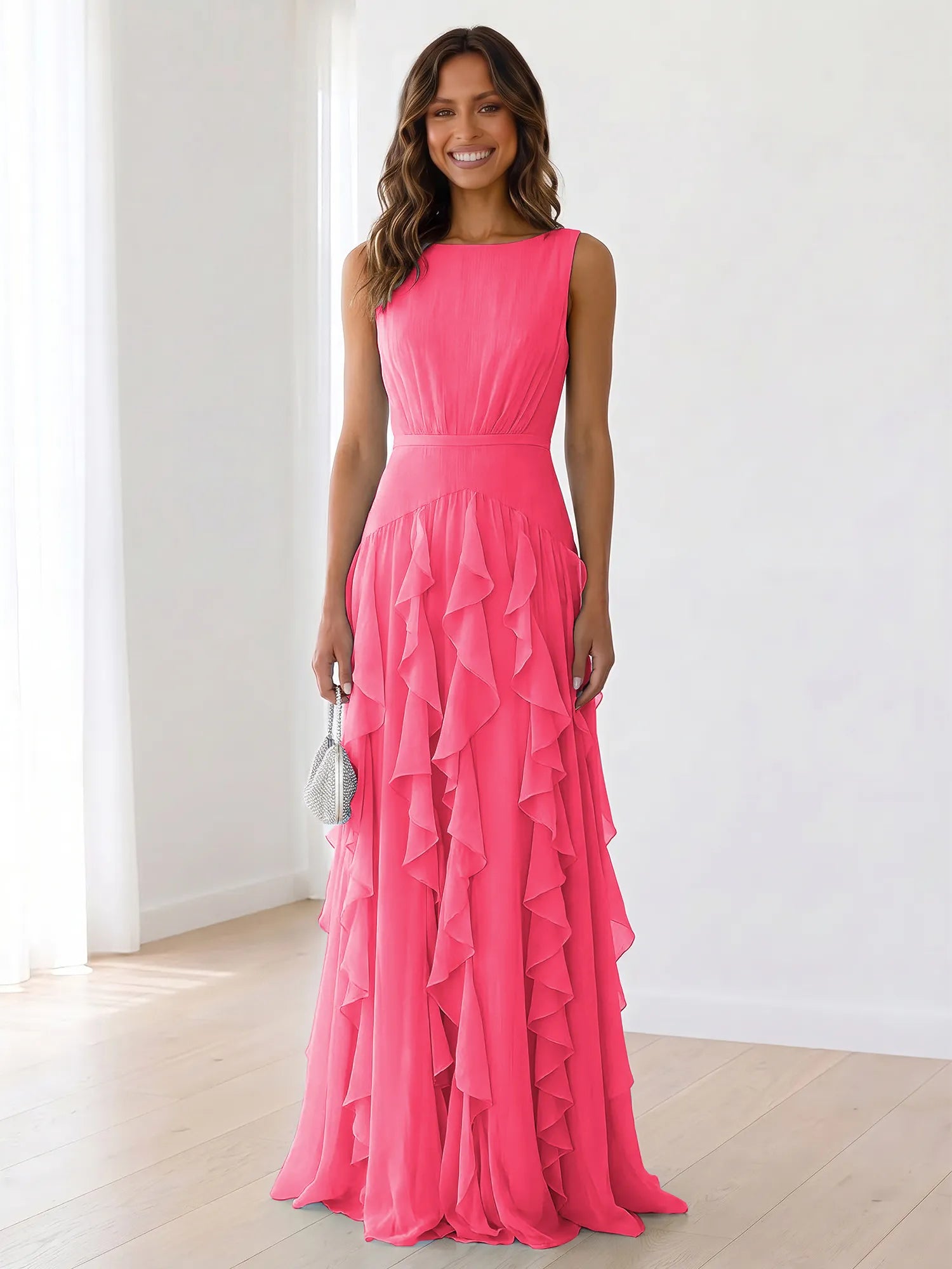 Sleeveless Tiered Chiffon Maxi Evening Gown with Ruched Bodice