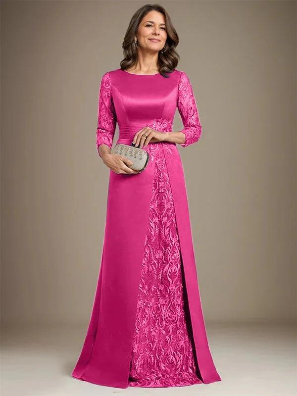 A-Line Scoop Floor-Length Lace Satin Mother Of the Bride Dress With Applique by Dreamylily
