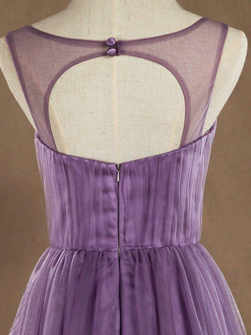 A-Linie V-Ausschnitt Bodenlanges Brautjungfernkleid aus Tüll mit Kreuz und Perlen 