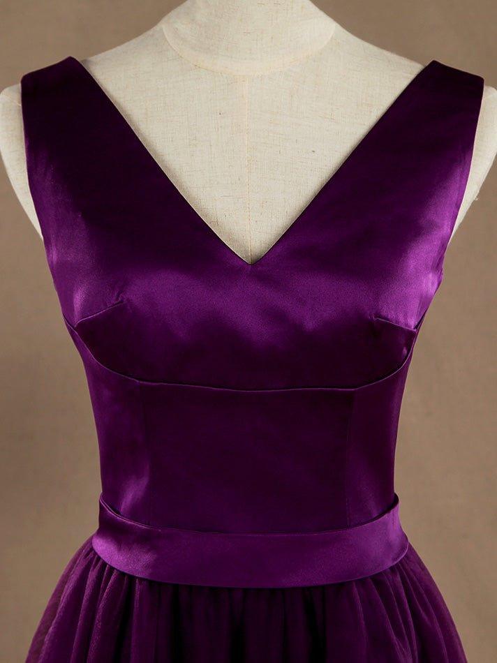 A-line V-neck High-low Hem Satin match Tulle Bridesmaid Dress