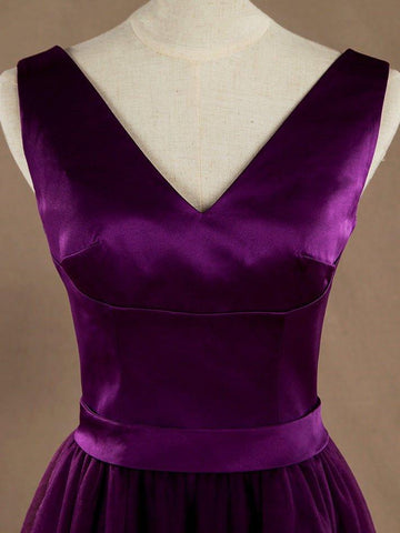 A-Linien-Brautjungfernkleid mit V-Ausschnitt, hohem Saum und Satin-Ton in Tüll 