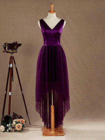 A-Linien-Brautjungfernkleid mit V-Ausschnitt, hohem Saum und Satin-Ton in Tüll 