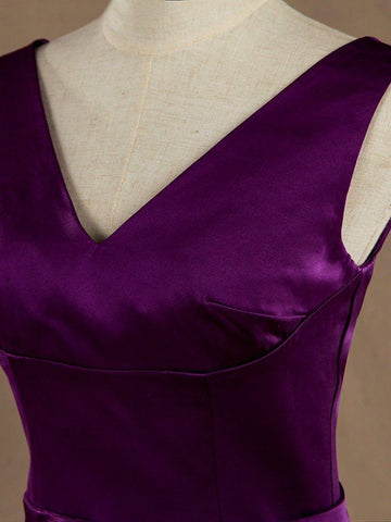 A-Linien-Brautjungfernkleid mit V-Ausschnitt, hohem Saum und Satin-Ton in Tüll 
