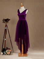 A-line V-neck High-low Hem Satin match Tulle Bridesmaid Dress