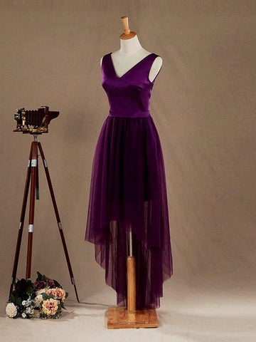 A-Linien-Brautjungfernkleid mit V-Ausschnitt, hohem Saum und Satin-Ton in Tüll 